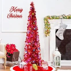 YuQi 5FT Collapsible Christmas Red Tree W/50 Colorful Lights, Pop Up Red Artificial Tinsel Coastal Xmas Trees For Holiday Carnival Party Decorations -National Tree Company Sale Shop 51EwpuEeAML