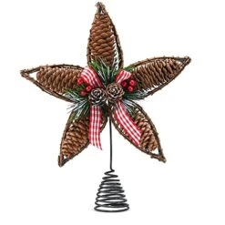 Ornativity Rattan Star Tree Topper - Christmas Rustic Acorn Tree Topper With Holly And Berry Decorations