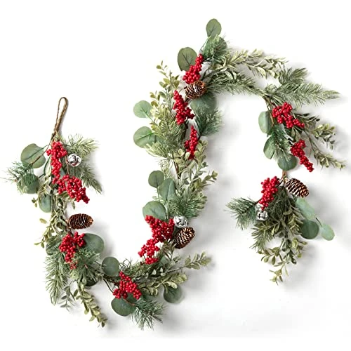 LOHASBEE Artificial Christmas Garland, 5 Feet Pine Cone Eucalyptus Garland With Red Berries, Bells & Greenery Glitter For Christmas Indoor Outdoor Garden Gate Front Door Home Wall Window Stair Decor 3 LOHASBEE Artificial Christmas Garland, 5 Feet Pine Cone Eucalyptus Garland With Red Berries, Bells & Greenery Glitter For Christmas Indoor Outdoor Garden Gate Front Door Home Wall Window Stair Decor