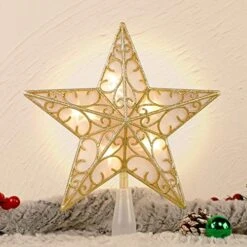 Juegoal Star Tree Topper With 10 LED Warm White Lights, Lighted Treetop Christmas Tree Decorations, Golden