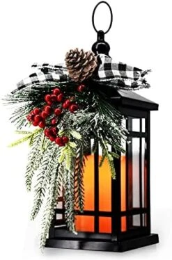 Christmas Lantern Decorative With LED Candle Light Vintage Rustic Lantern Christmas Pine Cone Red Look Distressed Holly Berry ,Indoor & Outdoor Metal Decorative Hanging Decorative Lantern (White Bow) -National Tree Company Sale Shop 51KhyiCkI6L. AC