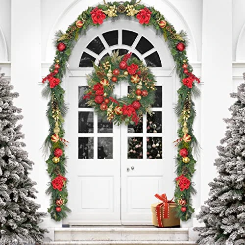 Valery Madelyn Pre-Lit 9 Feet Luxury Red Gold Christmas Garland With 40 LED Warm Lights And Ball Ornaments Poinsettia For Front Door Window Fireplace Mantle Xmas Decor, Battery Operated 6 Valery Madelyn Pre-Lit 9 Feet Luxury Red Gold Christmas Garland With 40 LED Warm Lights And Ball Ornaments Poinsettia For Front Door Window Fireplace Mantle Xmas Decor, Battery Operated - Image 4