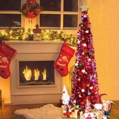 YuQi 5FT Collapsible Christmas Red Tree W/50 Colorful Lights, Pop Up Red Artificial Tinsel Coastal Xmas Trees For Holiday Carnival Party Decorations -National Tree Company Sale Shop 51LnsJaJA1L