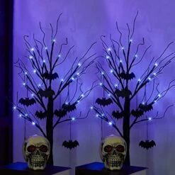 PEIDUO Halloween Decorations, 2 FT Black Halloween Tree With 24 Purple Lights And 8 Bat Halloween Tree Ornaments, Light Up Halloween Decorations With Timer For Indoor Home Table Decor Battery Powered -National Tree Company Sale Shop 51LvhxWluL. AC