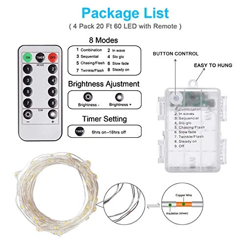 Homemory 4 Pack 20 Ft 60 LED Fairy Lights Battery Operated Christmas Lights With Remote Waterproof 8 Modes Firefly Twinkle String Lights For Party Bedroom Wedding Decorations 7 Homemory 4 Pack 20 Ft 60 LED Fairy Lights Battery Operated Christmas Lights With Remote Waterproof 8 Modes Firefly Twinkle String Lights For Party Bedroom Wedding Decorations - Image 5
