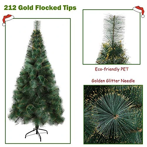 LUCKYERMORE 6ft Christmas Tree With 212 Gold Flocked Tips, Small Flock Xmas Tree With Christmas Tree Topper And Decorations 5 LUCKYERMORE 6ft Christmas Tree With 212 Gold Flocked Tips, Small Flock Xmas Tree With Christmas Tree Topper And Decorations - Image 3