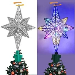 Christmas Star Tree Topper Lighted Bethlehem Star Tree Topper 360° Rotating 8-Point Christmas Glitter Star Ornament With 20 LED Multicolor Lights Plug In For Christmas Tree Decoration (Silver)