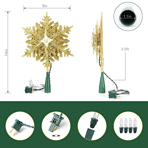 Brizled Lighted Tree Topper, 9.25’’ Gold Glitters Plated Snowflake Christmas Tree Topper With 20 Count Warm White Lights, UL Listed Plugin Xmas Treetop For Christmas Tree Top Home Holiday Decorations 9 Brizled Lighted Tree Topper, 9.25’’ Gold Glitters Plated Snowflake Christmas Tree Topper With 20 Count Warm White Lights, UL Listed Plugin Xmas Treetop For Christmas Tree Top Home Holiday Decorations - Image 7