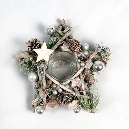 SHATCHI Star Shape Wooden Candle Holder Tabletop Centrepiece Christmas Holiday Home Decorated With Red/Silver Baubles, Berries And Cones (34cm/24cm), Wood, 242411 Cm 4 SHATCHI Star Shape Wooden Candle Holder Tabletop Centrepiece Christmas Holiday Home Decorated With Red/Silver Baubles, Berries And Cones (34cm/24cm), Wood, 242411 Cm - Image 2