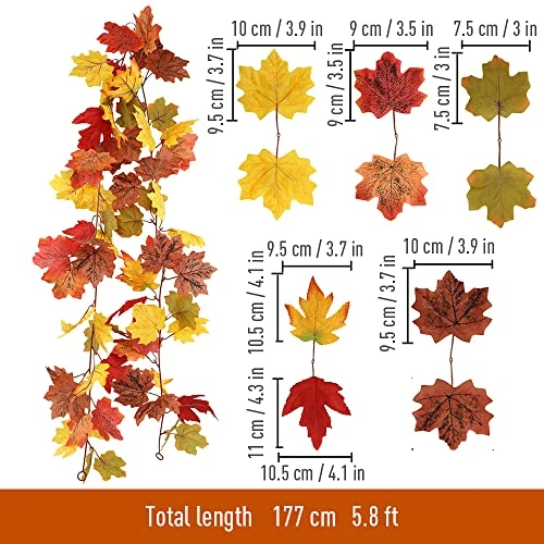 HomEdge Artificial Maple Leaves Garland, 2 Packs 5.8 Ft Fall Hanging Vine Garland For Thanksgiving Christmas Decor-Orange+Green+Red+Brown+Yellow 6 HomEdge Artificial Maple Leaves Garland, 2 Packs 5.8 Ft Fall Hanging Vine Garland For Thanksgiving Christmas Decor-Orange+Green+Red+Brown+Yellow - Image 4