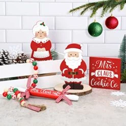 Mr. & Mrs. Claus Wooden Christmas Tiered Tray Decorations Red And White Santa Claus Cookie Cafe Kitchen Farmhouse Decor Signs Buffalo Plaid Wood Bead Garland Rolling Pin Set Of 5 Xmas Gift Ideas -National Tree Company Sale Shop 51PhAdx8rPL