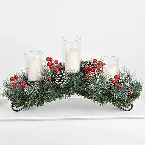 Woofty 18.5 Inch Christmas Candle Holder Centerpiece, Pine Cones And Red Berry Table Centerpiece With 3 Candle Holders Table Accent Centerpiece For Festival Home Decoration 5 Woofty 18.5 Inch Christmas Candle Holder Centerpiece, Pine Cones And Red Berry Table Centerpiece With 3 Candle Holders Table Accent Centerpiece For Festival Home Decoration - Image 3