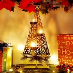 Winemana Tea Light Candle Holders, Christmas Decoration Xmas Tree Metal Tealights Candleholder With Pinecones, Christmas Tabletop Centerpieces For Home Kitchen Fireplace Mantle Holiday Party Decor