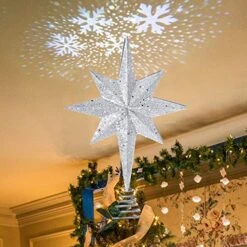 YEAHOME Christmas Star Tree Topper, Lighted Star Tree Topper Silver Christmas Tree Star With Projector Lights Xmas Tree Topper For Christmas Tree Decorations