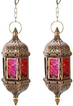 GKanMore 2Pcs Hanging Candle Lantern Retro Moroccan Candle Holder Hollow Metal Glass Candle Holder Lantern With 15.7" Hanging Chain For Home Patio Christmas Decorations (Bronze, Pack Of 2) -National Tree Company Sale Shop 51RrWeua7KL. AC