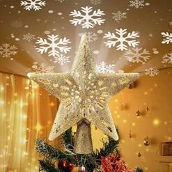Christmas Star Tree Topper With Built-in Led Snowflake Projector Lights 10 Inch Hollowed Pentagram Tree Topper,Plug In Christmas Tree Ornament For Indoor Office Xmas New Year Holiday Tree Decoration
