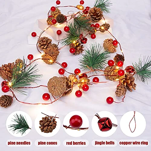 Artificial Christmas Garland With Lights - Battery Operated 6.56FT Prelit Garland With 20 LED Lights, Red Berries, Pine Cones, Pine Needles Decor For Xmas Tree Thanksgiving Home Fireplace Party 5 Artificial Christmas Garland With Lights - Battery Operated 6.56FT Prelit Garland With 20 LED Lights, Red Berries, Pine Cones, Pine Needles Decor For Xmas Tree Thanksgiving Home Fireplace Party - Image 3