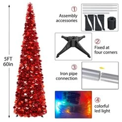 YuQi 5FT Collapsible Christmas Red Tree W/50 Colorful Lights, Pop Up Red Artificial Tinsel Coastal Xmas Trees For Holiday Carnival Party Decorations -National Tree Company Sale Shop 51TFBqOulDL