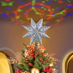 GUOOU Christmas Tree Topper, 11.4 Inch Christmas Tree Star Topper With Rotating Magic Rainbow LED Lights, Plug In Lighted Christmas Tree Ornament, Metal Christmas Tree Decorations (Silver)