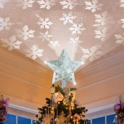 MILACA Christmas Tree Topper Decoration, LED Snowflake Projector Lights, Glittered Star Tree Topper Decoration (Silver Five-Pointed Star)