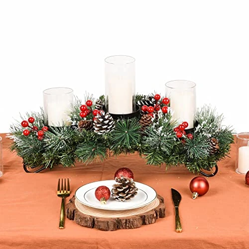 Woofty 18.5 Inch Christmas Candle Holder Centerpiece, Pine Cones And Red Berry Table Centerpiece With 3 Candle Holders Table Accent Centerpiece For Festival Home Decoration 4 Woofty 18.5 Inch Christmas Candle Holder Centerpiece, Pine Cones And Red Berry Table Centerpiece With 3 Candle Holders Table Accent Centerpiece For Festival Home Decoration - Image 2