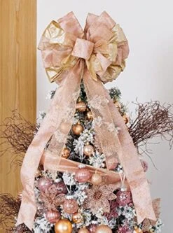 Christmas Tree Topper 11x27 Inches Large Decorative Bow With Streamer Wired Edgefor Xmas Decorations Home Decor With Packaging Double Slide (Rose Gold)