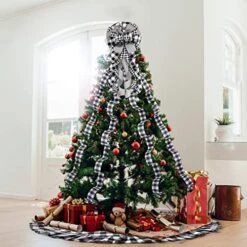 Christmas Tree Topper Bow Buffalo Plaid Christmas Tree Topper Xmas Decor Rustic Tree Toppers Large Outdoor Bows Ribbon Tree Topper With Xmas Plaid Tree Skirt Ornament (Black And White) -National Tree Company Sale Shop 51VYXoXrxpL