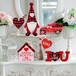 Valentines Day Decor, 6pcs Valentine Gnome Tiered Tray Bundle, Buffalo Plaid Valentine Gnome Plush, 3 Valentine Wood Signs, Valentine Bead Garland, Farmhouse Kitchech Decor, Valentine, New Year Decor -National Tree Company Sale Shop 51WNOMlvASL