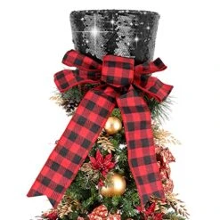 Christmas Tree Topper Hat, Homgaty Sequins Bling Bowler Derby Hat With Lattice Bow And Long Ribbon, Christmas Tree Decorations Topper Hat Ornament For Holiday Home Decor (Black)