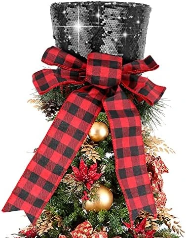 Christmas Tree Topper Hat, Homgaty Sequins Bling Bowler Derby Hat With Lattice Bow And Long Ribbon, Christmas Tree Decorations Topper Hat Ornament For Holiday Home Decor (Black) 8 Christmas Tree Topper Hat, Homgaty Sequins Bling Bowler Derby Hat With Lattice Bow And Long Ribbon, Christmas Tree Decorations Topper Hat Ornament For Holiday Home Decor (Black) - Image 6