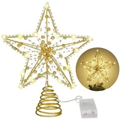 MAIAGO 10 Inch Christmas Star Tree Topper With 20 LED Warm White Lights, Shiny Round Golden Beads Design For Christmas Tree Decorations, Xmas/Holiday/Winter Party Home Decoration (Gold)