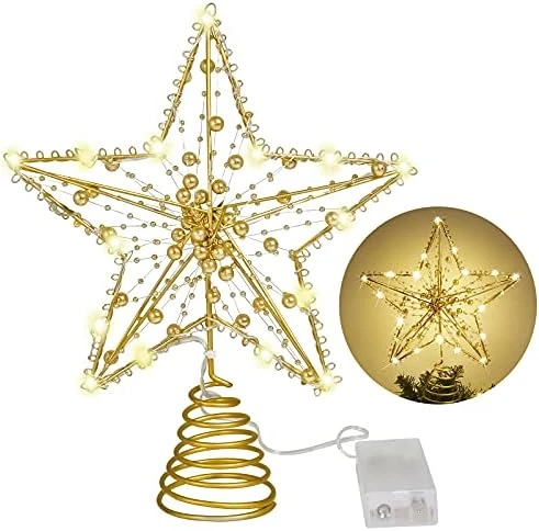 MAIAGO 10 Inch Christmas Star Tree Topper With 20 LED Warm White Lights, Shiny Round Golden Beads Design For Christmas Tree Decorations, Xmas/Holiday/Winter Party Home Decoration (Gold) 7 MAIAGO 10 Inch Christmas Star Tree Topper With 20 LED Warm White Lights, Shiny Round Golden Beads Design For Christmas Tree Decorations, Xmas/Holiday/Winter Party Home Decoration (Gold) - Image 5