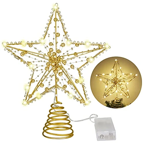 MAIAGO 10 Inch Christmas Star Tree Topper With 20 LED Warm White Lights, Shiny Round Golden Beads Design For Christmas Tree Decorations, Xmas/Holiday/Winter Party Home Decoration (Gold) 3 MAIAGO 10 Inch Christmas Star Tree Topper With 20 LED Warm White Lights, Shiny Round Golden Beads Design For Christmas Tree Decorations, Xmas/Holiday/Winter Party Home Decoration (Gold)