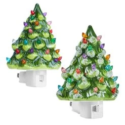 Brightown 2 Pack Ceramic Christmas Tree Night Light-Small Mini Prelit Xmas Holiday Decor For Home Room Fireplace Office Christmas Decorations