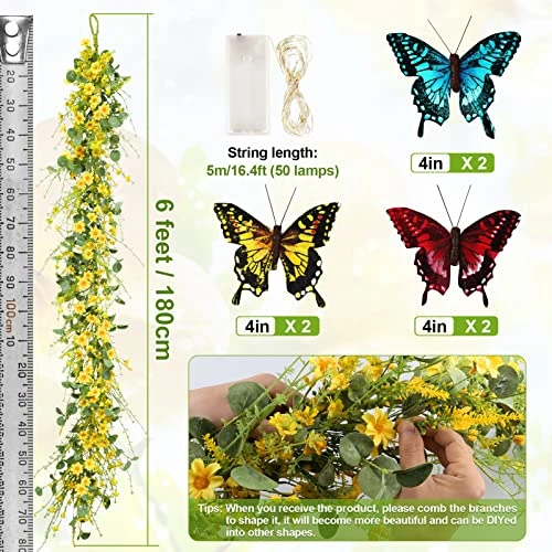 6FT Artificial Daisy Garland, Fake Flowers Eucalyptus Greenery And Mixed Flowers Vines With Butterflies And Light String, Spring/Summer Front Door Garland For Wedding Home Wall Indoor Front Door Decor 4 6FT Artificial Daisy Garland, Fake Flowers Eucalyptus Greenery And Mixed Flowers Vines With Butterflies And Light String, Spring/Summer Front Door Garland For Wedding Home Wall Indoor Front Door Decor - Image 2