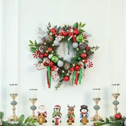 WBHome Pre-lit 24 Inch Artificial Christmas Wreath, Elf Green & Red Lighted Wreath With 35 LED Lights For Indoor Outdoor Front Door Window Xmas Decor Holiday Decorations, Battery Operated -National Tree Company Sale Shop 51YVociRYcL