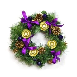 Mega Candles Christmas Advent Wreath With Purple Ribbon Accents And Gold Ring Candle Holder, Great Holiday Traditional Décor