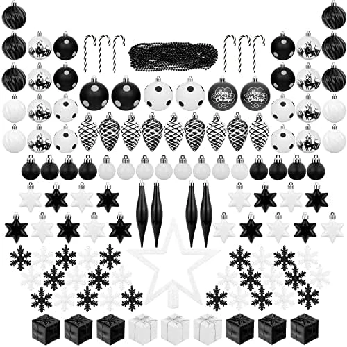 ITART 127ct Christmas Tree Ornaments Decorations Assortment Including Tree Topper Balls Snowflakes Stars Pine Cones Miniature Gift Boxes And Beads Garlands Finial (Black And White) 10 ITART 127ct Christmas Tree Ornaments Decorations Assortment Including Tree Topper Balls Snowflakes Stars Pine Cones Miniature Gift Boxes And Beads Garlands Finial (Black And White) - Image 8