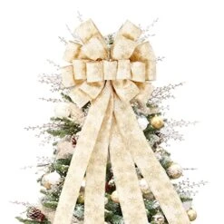 Christmas Tree Topper,44X12 Inch Artificial Xmas Tree Topper Bow Flower Decor With Glitter Snowflakes Print, Suitable For Wedding, Birthday Party, Thanksgiving Christmas Decoration(Gold)