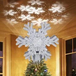 Christmas Tree Topper Silver Snowflake Christmas Tree Topper Lighted With Rotating LED Projector 3D Glitter Hollow Xmas Tree Topper Christmas Tree Decorations For Holiday Party