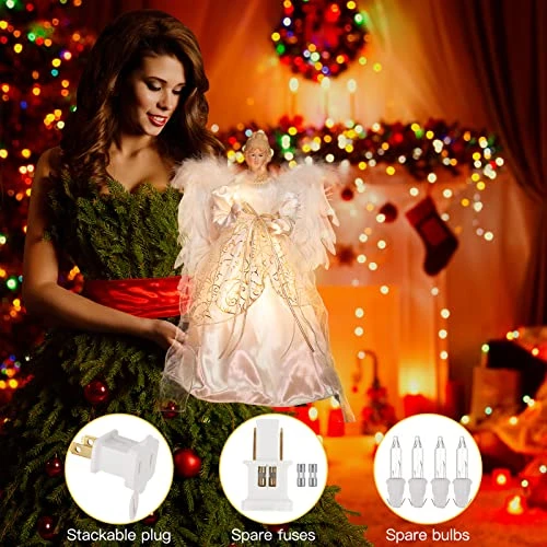 Christmas Angel Tree Topper With Feather Wings, Plug In Christmas Tree Ornament For Indoor Office Xmas New Year Holiday Tree Decoration 5 Christmas Angel Tree Topper With Feather Wings, Plug In Christmas Tree Ornament For Indoor Office Xmas New Year Holiday Tree Decoration - Image 3