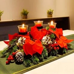 FORUP Christmas Centerpiece, Christmas Candle Holders, Christmas Tabletop Poinsettia Centerpiece With 3 Candle Holders, Romantic Holiday Candelabrum For Home Party Christmas Table Mantel Decorations