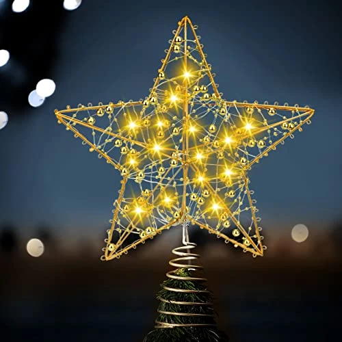 11.4" Christmas Star Tree Topper, Gold Beads Twined Star Hollow Tree Topper, Built In 15 Bulbs Gold Tree Toppers For Indoor Christmas Xmas Decorations Holiday Seasonal Decor 7 11.4" Christmas Star Tree Topper, Gold Beads Twined Star Hollow Tree Topper, Built In 15 Bulbs Gold Tree Toppers For Indoor Christmas Xmas Decorations Holiday Seasonal Decor - Image 5