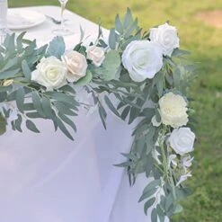 6.3FT Artificial Eucalyptus Garland With Flowers, Fake Floral Garland Faux Greenery Garland Dining Table Centerpiece For Wedding Rehearsal Dinner Bridal Shower Table Runner Decor (White) -National Tree Company Sale Shop 51dWd4W97GL