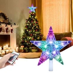 Three-tree Christmas Star Tree Topper Lights 9.5 Inch With Versatile Remote Controller Treetop Christmas Decoration Light Bethlehem Star (LED Color-Changing 3AA Battery Powered)