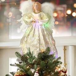 Angel Christmas Tree Topper Ornament With White Feather Wings, Xmas Trees Topper Star For Home Holiday Party Christmas Trees Decorations - Gold, 12 Inch