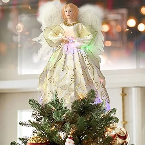 Angel Christmas Tree Topper Ornament With White Feather Wings, Xmas Trees Topper Star For Home Holiday Party Christmas Trees Decorations - Gold, 12 Inch 9 Angel Christmas Tree Topper Ornament With White Feather Wings, Xmas Trees Topper Star For Home Holiday Party Christmas Trees Decorations - Gold, 12 Inch - Image 7