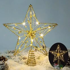 Illuminated Christmas Tree Topper Star Ornaments Battery Operated With Exquisite Gold Beads Warm Lights Treetop For Xmas Decorations Holiday Seasonal Decor