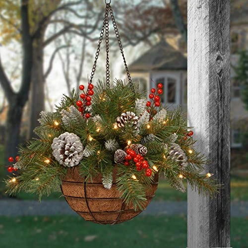 National Tree Company Pre-Lit Artificial Hanging Basket, , Decorated With Frosted Pine Cones, Berry Clusters, White LED Lights, Christmas Collection, 20 Inches 3 National Tree Company Pre-Lit Artificial Hanging Basket, , Decorated With Frosted Pine Cones, Berry Clusters, White LED Lights, Christmas Collection, 20 Inches