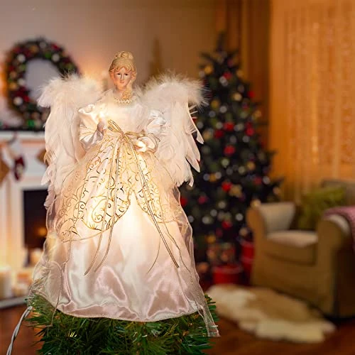 Christmas Angel Tree Topper With Feather Wings, Plug In Christmas Tree Ornament For Indoor Office Xmas New Year Holiday Tree Decoration 4 Christmas Angel Tree Topper With Feather Wings, Plug In Christmas Tree Ornament For Indoor Office Xmas New Year Holiday Tree Decoration - Image 2